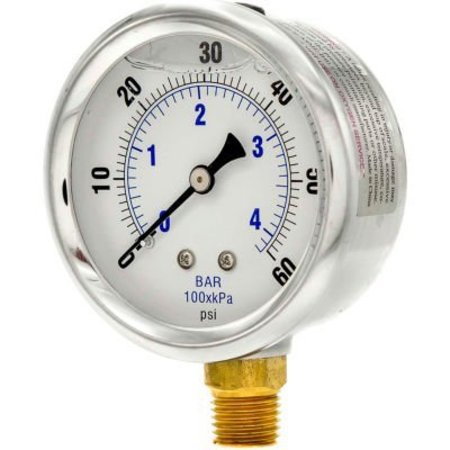 ENGINEERED SPECIALTY PRODUCTS, INC Pic Gauges 2-1/2" Pressure Gauge, Liquid Filled, 60 PSI, Stainless Case, Lower Mount, PRO-201L-254D PRO-201L-254D